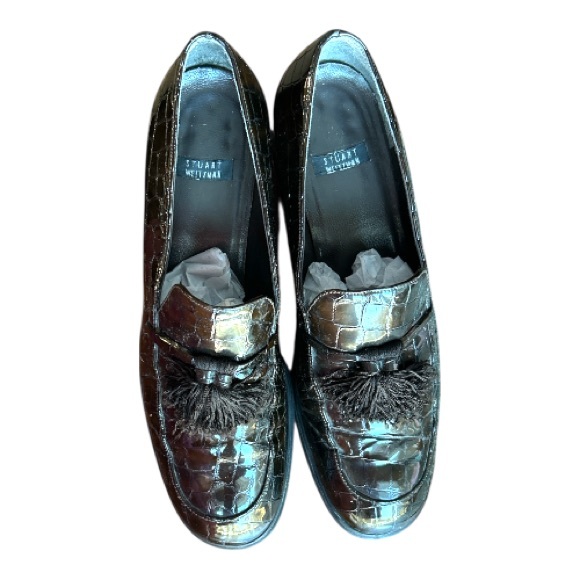 Stuart Weitzman Tassel LoafersWomen’s 7.5 BrownCroc Embossed Leather Block Heel - Picture 8 of 17